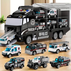 TEMI Police Car Toy Set, Carrier Truck Toys for Kids, Die-Cast Metal Toy Car Set, Truck Car Kids Toys Christmas Birthday Gift for Children Ages 3+ (Accessory Colors May Vary)