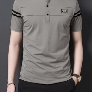 Summer Men's T-Shirt, Solid Color Stand Collar Striped Short Sleeve Shirt, Suitable for Sports, Outdoor, Casual