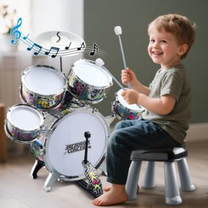 Kids Jazz Drum Set Rock Kit Toys, 5pcs Kids Band Musical Instrument,Percussion Beginner Kit for Boys Girls Aged 3-5 5-7.