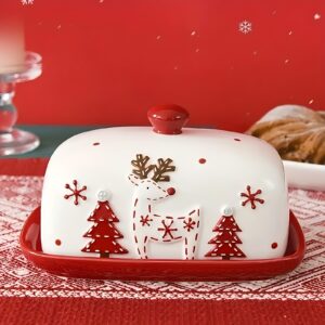 1pc of Christmas-Themed Ceramic Butter Dish Featuring a Christmas Tree, Reindeer, Mushrooms, And Santa Claus