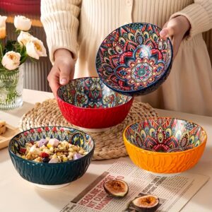 4pcs, Bohemian Style Ceramic Bowl Set, 6.5 Inches, Patterned Design, Striped Salad Bowl, Multi-Purpose, Suitable for Cereal, Soup, Oatmeal, Pasta Bowl, Large Salad Bowl, Ideal Choice for Christmas Gifts, Restaurants and Home Use, Durable Ceramic Material, Can Be Used in Oven and Dining Table