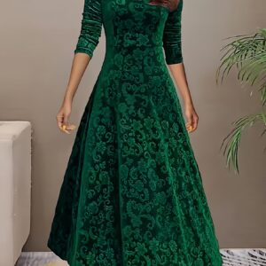 Directional Style Velvet Floral Pattern Long Sleeve Dress New Year Elegant Square Neck Dress