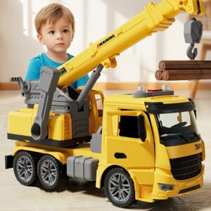 Kids Large Size Crane Toy Construction Truck Model, 11.8-Inch Long Hand Push Inertia Sliding Car, Simulated Sound And Light Building Truck Toy, 1:16 Engineering Vehicle Model, Doors Can Be Opened
