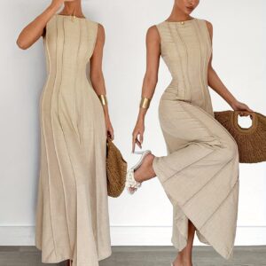 Women's Elegant A-Line Maxi Dress with Slit Waist & A-Line Hem - Solid Color Round Neck Fall Dress for Wedding Guest, Party, Vacation - Machine Washable Wedding Guest Gown
