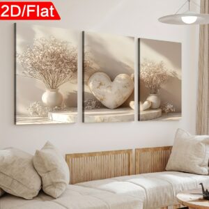2D Flat, 2D Flat, [2D/Flat Print] 3pcs Framed Canvas Painting And Poster, Ready to Hanging, Modern Minimalist Potted Heart-Shaped Flower Landscape, Home Decor, Wall Art, Room Decoration, Holiday Gift, Living Room, Bedroom, Dining