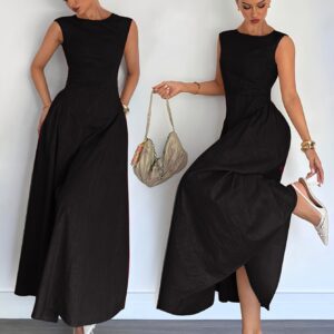 LIZX Women's Elegant Black -Line Evening Dress with Full-Length Zipper - Machine Washable Round Neck Wedding Guest Gown, Spring Summer Fall Formal Attire