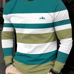 Men's Casual Streetwear Long Sleeve T-Shirt - Breathable Striped Round Neck Top with Random Print, Regular Fit for Spring/Summer Vacation & Casual Attire - Machine Washable Gift for Him, Spring Fashion, Street Style, Durable Construction, Stylish Tee, Summer Wardrobe