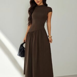 Women's Solid Color Stand-up Collar Puff Sleeve Pleated Long Casual Dress, Summer Brown Dress