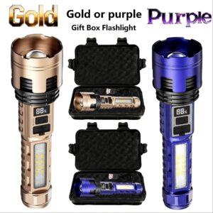 Golden/Purple Outdoor Multifunctional Handheld Flashlight with Exquisite Gift Box, Strong Light Explosion and Ultra Long Range Spotlight, Ultra Long Endurance, Cob Work Light, Digital Display, Multifunctional Sidelight, for Home, Camping, Emergencies