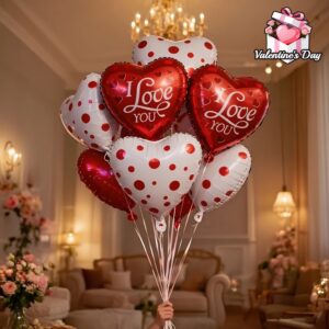 16pcs 18-Inch Valentine'S Day Balloon Set - Red Heart-Shaped Foil Balloons And Red White Polka Dot Heart-Shaped Foil Balloon Combination, "I Love You" Balloons, Helium Supported, Reusable Self-Sealing Foil Balloons, Perfect for Valentine'S Day