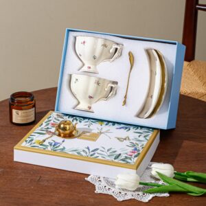 Set of 2 (One Cup, One Plate) And Set of 7 (Two Cups, Two Spoons, Two Pads, One Tea Strainer in a Gift Box). Ceramic Coffee Cups And Plates for Home Kitchens And Dining Rooms, Suitable for American Lattes, Coffee, Tea, And Water
